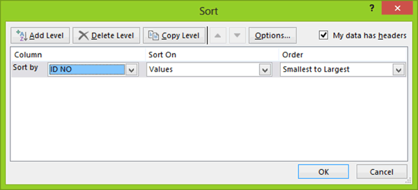 Figure 1-11: The Short Dialog Box with one Sort level created