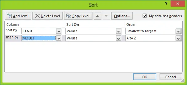 Figure 1-12: The Short Dialog Box with one Sort level created (
