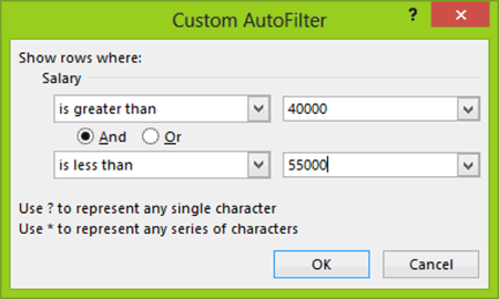 Figure 1-14: The Custom AutoFilter Dialog Box (numeric criteria)