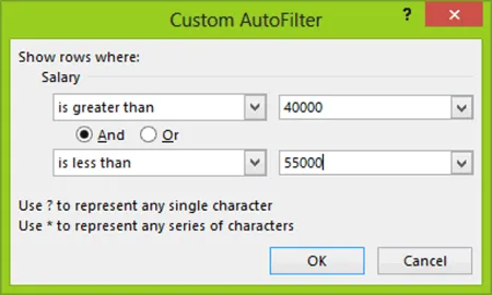 Figure 1-14: The Custom AutoFilter Dialog Box (numeric criteria)