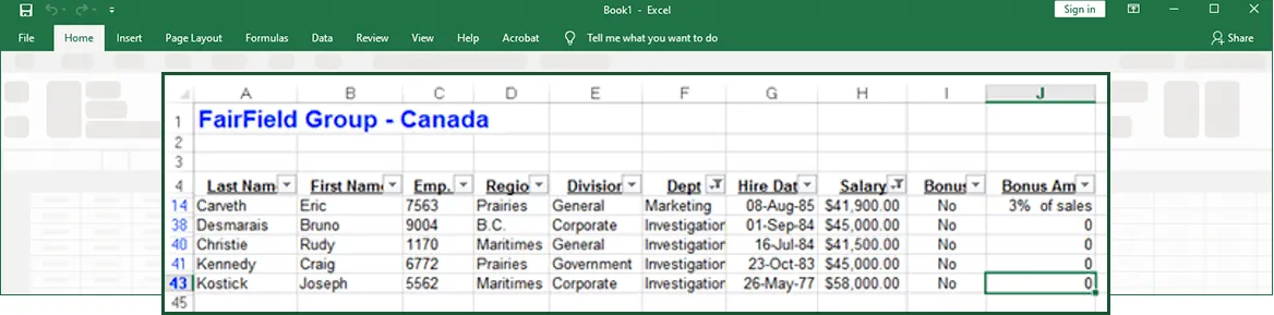 Figure 1-15B: The Filtered List (note filter icons next to the column labels on which the data is filtered)