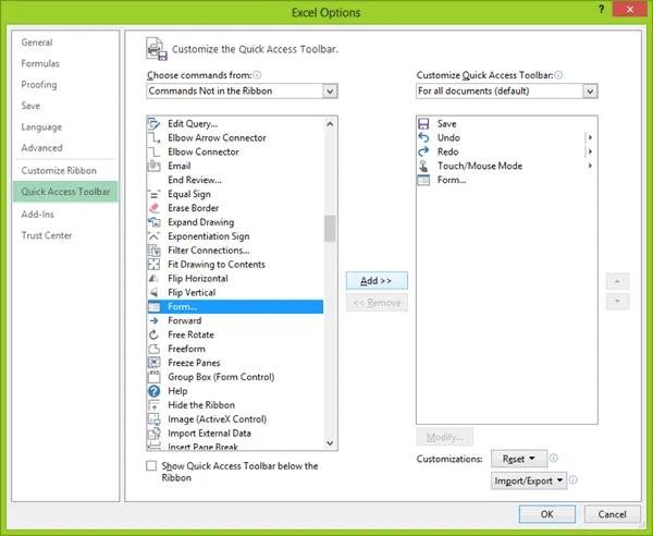 Figure 1-5: Excel Options (Customized Quick Access Toolbar Tab)