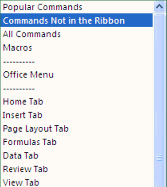 Figure 1-6: Selecting Commands Not in the Ribbon