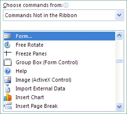 Figure 1-7: The List of Commands not in the Ribbon