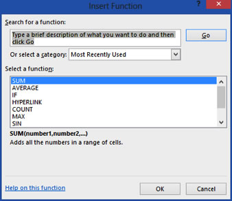Insert Function Dialogue Box