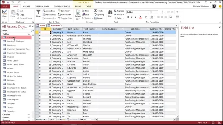 Open a table list in MS Access