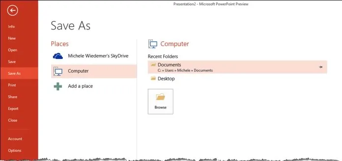 Saving a Microsoft PowerPoint file