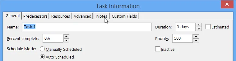 click tab note on task info dialog