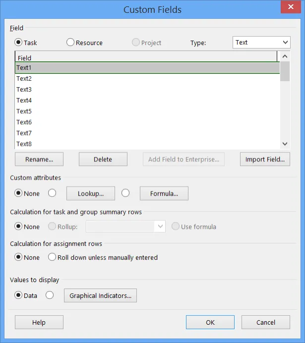 custom fields dialog displayed