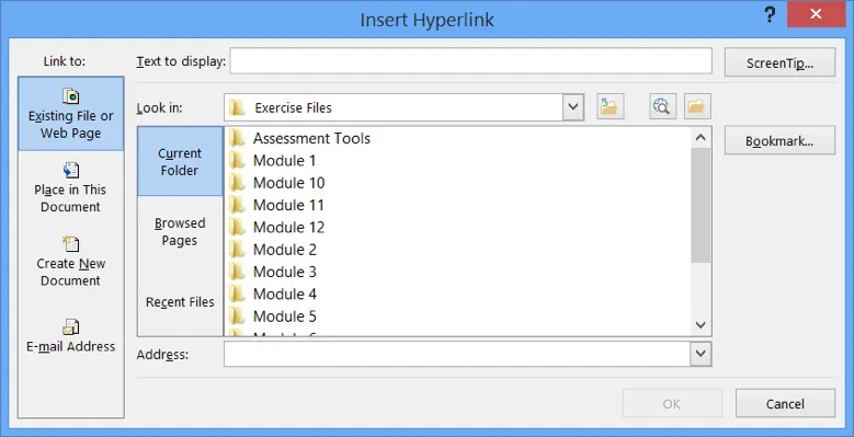 hyperlink dialog box displayed