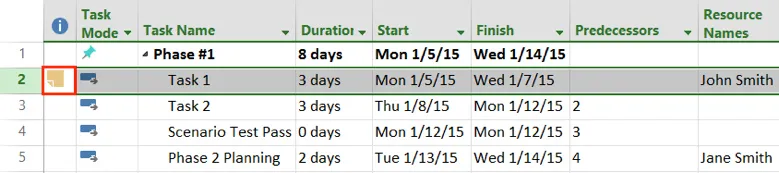 note icon on gantt chart