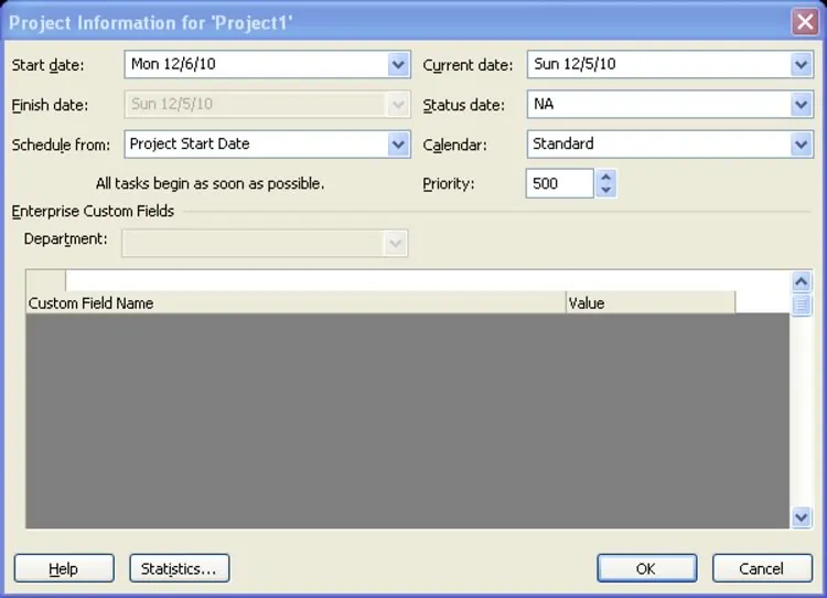 Project Information Dialogue Box