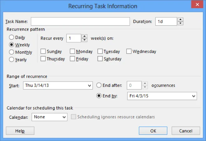 recurring task information dialog box