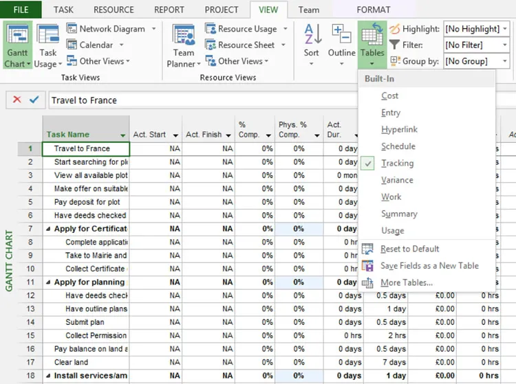 Table tracking in MS Project