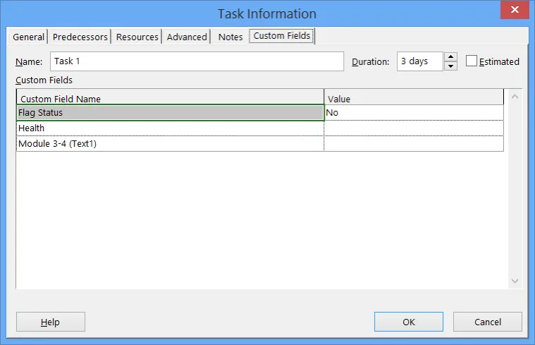 task information dialog box