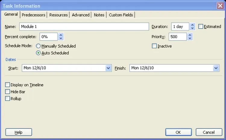 Task Information Dialog Box