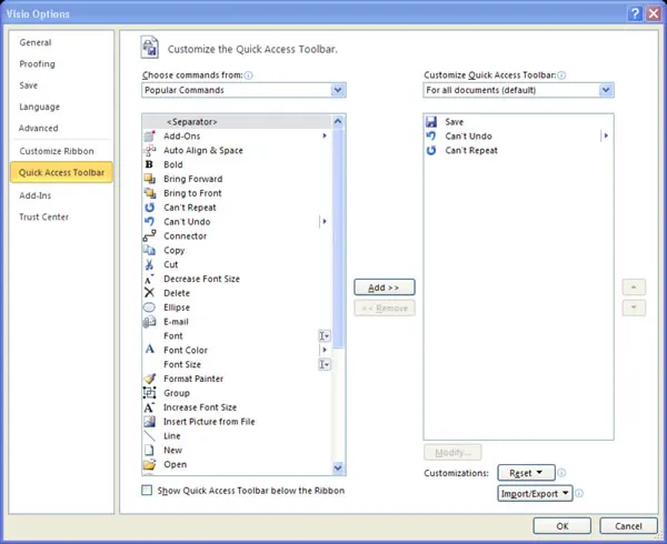 Visio options panel