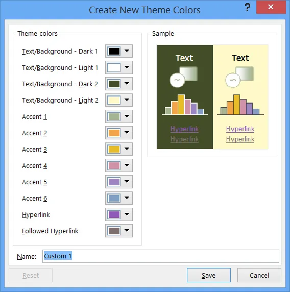 new theme color dialog box