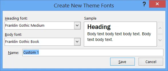 create new theme font dialog box