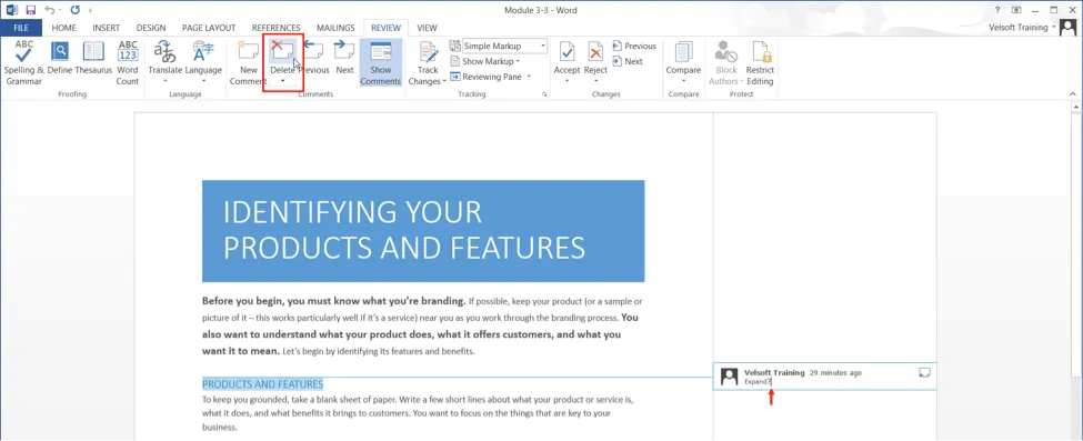 deleting a comment in Microsift Word